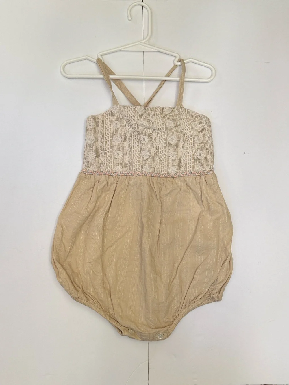 Well Dressed Wolf Josie Romper Tan w Pink Cream & Blue Braided Trim Girls 3T